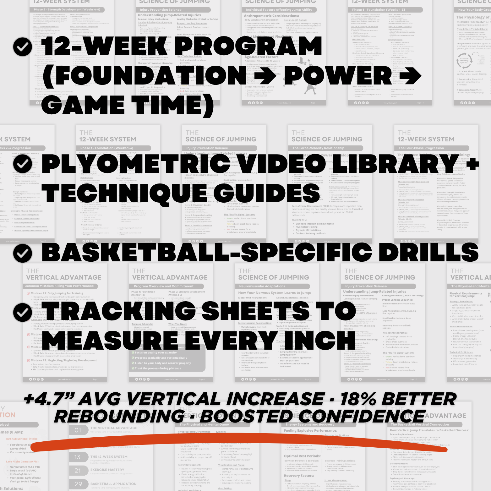 The Vertical Jump Development Program: A fully customizable jump training system designed to increase your players’ vertical by 4–10+ inches while translating gains directly into in-game performance.